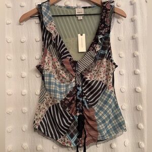 Maeve Printed Patchwork Floral and Stripe Sleeveless Tie Front Blouse